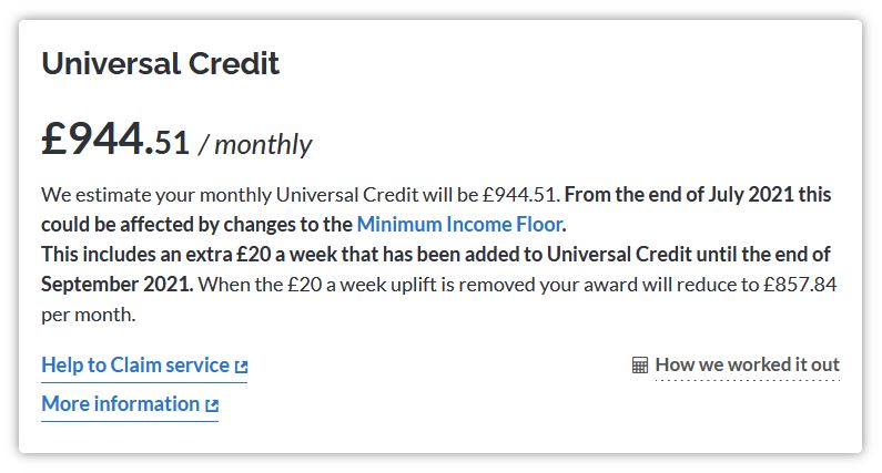 Sample Universal Credit benefits result panel