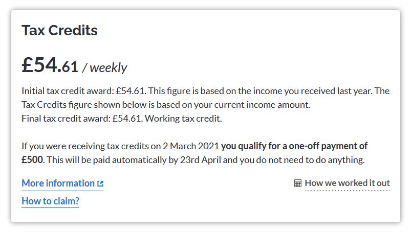 Sample tax credits benefits result panel
