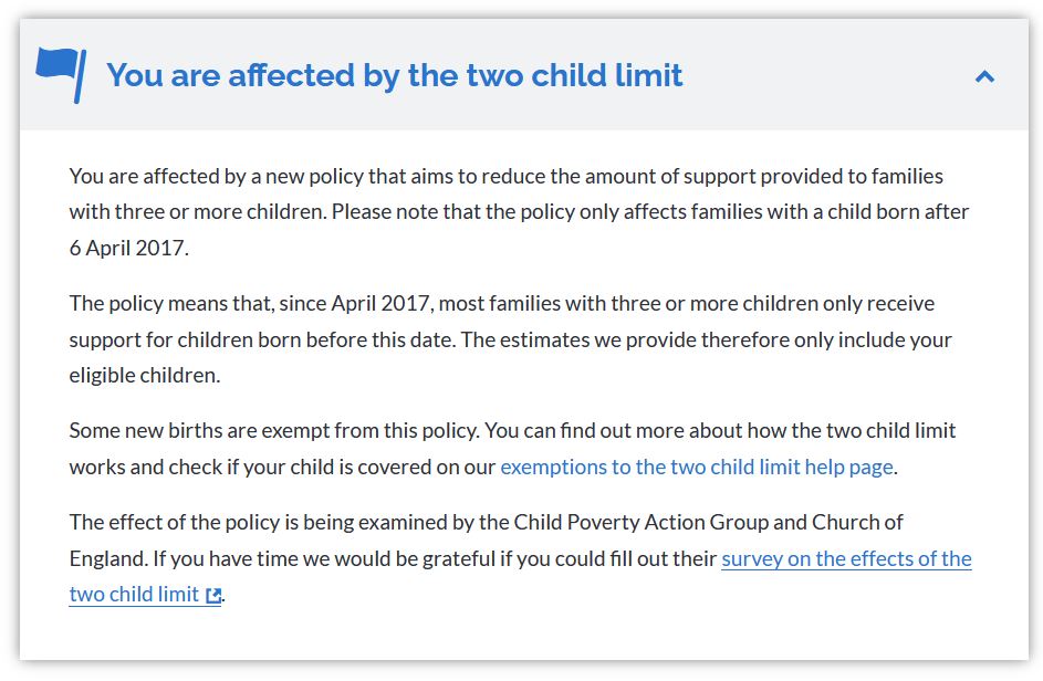 Sample two child limit panel with linked survey